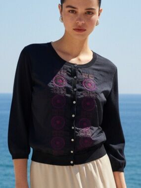 Navy Button-Front Cardigan with Purple Graphic Detail